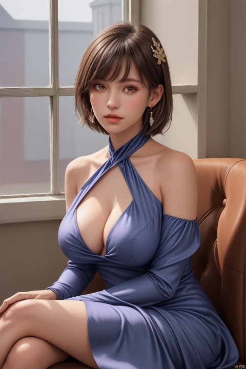 
1girl, solo, breasts, looking at viewer, short hair, large breasts, brown hair, hair ornament, dress, bare shoulders, brown eyes, jewelry, sitting, earrings, detached sleeves, indoors, lips, window, blue dress, halterneck, crossed legs, purple dress