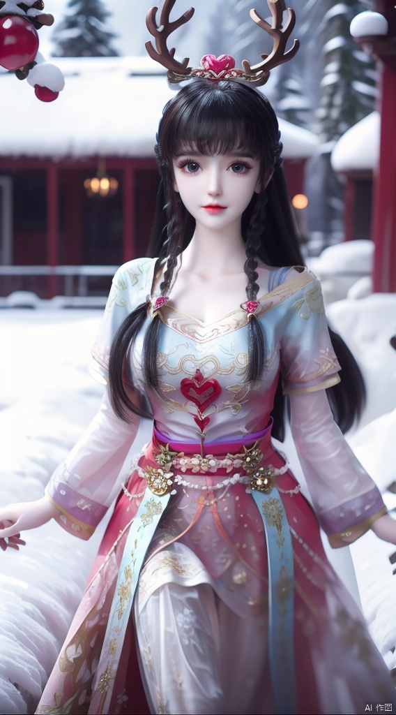  1girl,smile,snowflakes,A snowman girl with white skin,A snowman girl,A dress made of snow,A girl made of snow,Snowman Girl,Hair made of snow,, HUBG_Rococo_Style(loanword), hanfu,Best quality, 8k, cg,antlers,christmas,fur-trimmed_headwear,reindeer_antlers, reindeer_costume, hanfu,bare shoulders, hanfu,holding legs, hanfu,White pantyhose