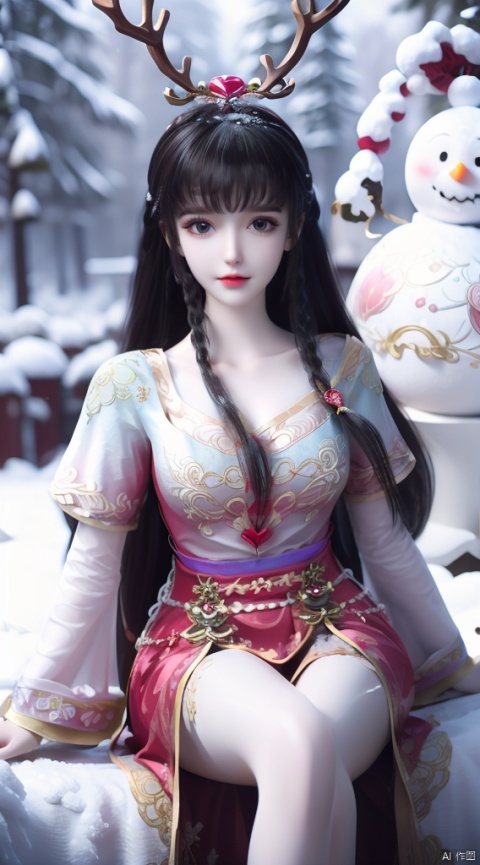  1girl,smile,snowflakes,A snowman girl with white skin,A snowman girl,A dress made of snow,A girl made of snow,Snowman Girl,Hair made of snow,, HUBG_Rococo_Style(loanword), hanfu,Best quality, 8k, cg,antlers,christmas,fur-trimmed_headwear,reindeer_antlers, reindeer_costume, hanfu,bare shoulders, hanfu,holding legs, hanfu,White pantyhose