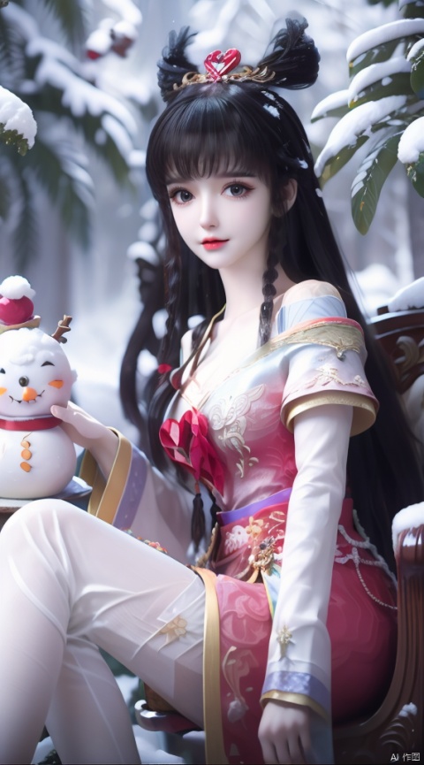  1girl,smile,snowflakes,A snowman girl with white skin,A snowman girl,A dress made of snow,A girl made of snow,Snowman Girl,Hair made of snow,, HUBG_Rococo_Style(loanword), hanfu,Best quality, 8k, cg,antlers,christmas,fur-trimmed_headwear,reindeer_antlers, reindeer_costume, hanfu,bare shoulders, hanfu,holding legs, hanfu,White pantyhose