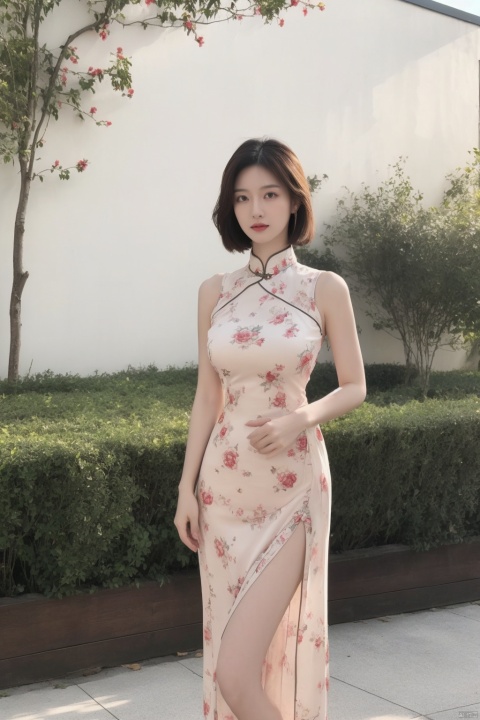 (global illumination, reality,ray tracing, HDR, unreal rendering, reasonable design, high detail, masterpiece,best quality, ultra high definition, movie lighting), 1girl,outdoor,looking_at_viewer,side_blunt_bangs,china_dress,chinese_style,big breasts,pose,solo,1girl,black hair,black eyes, qipao, qipao