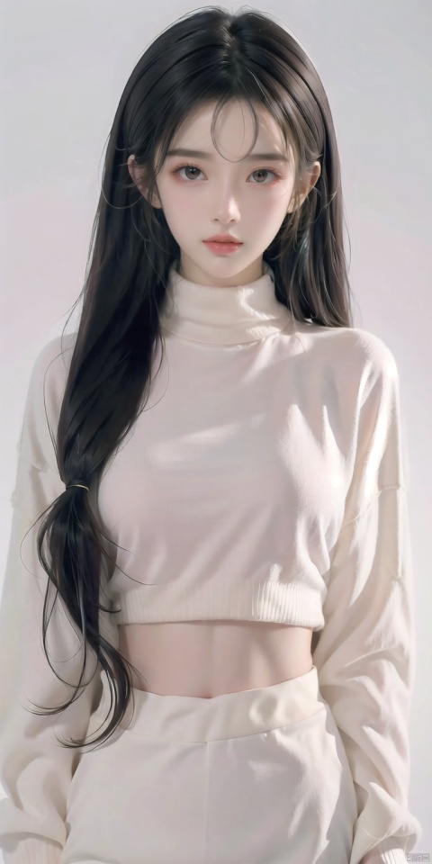  30710,miko,1girl, solo, twintails, hair ornament, looking at viewer, brown eyes, long hair, closed mouth, sweater, turtleneck, black hair, blush, forehead, upper body, turtleneck sweater, white sweater, gradient background, gradient, wangyushan, Light master