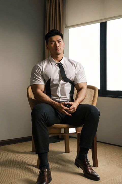 A contemplative Asian male figure sits calmly, gazing directly at the viewer with an air of introspection. His neatly trimmed brown hair adds to his streamlined physique, showcasing eight prominent abdominal muscles, chest muscles, and arm muscles. His upper body is exposed, revealing blue veins beneath his skin. He wears transparent stockings and half-shoes, evoking a sense of vulnerability. In his hand, he holds a phone with the screen softly aglow in the dimly lit room, illuminating his features. A simple chair stands behind him, providing a neutral background that lets his presence take center stage., LianmoNan