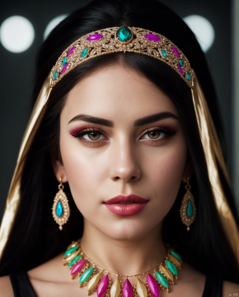 Hyperrealistic portrait of a beautiful woman wearing intricately detailed colorful clothing and futuristic jewellery.