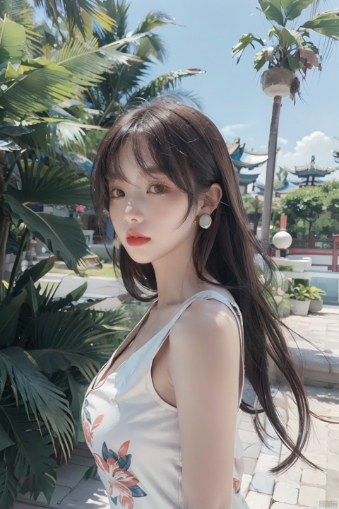  tyqp, 1girl, solo, jewelry, earrings, dress, long hair, blurry, floral print, blurry background, sleeveless, brown eyes, looking at viewer, red lips, brown hair, outdoors, black hair, arms at sides, sleeveless dress, breasts, china dress, chinese clothes, print dress, lips, white dress, upper body