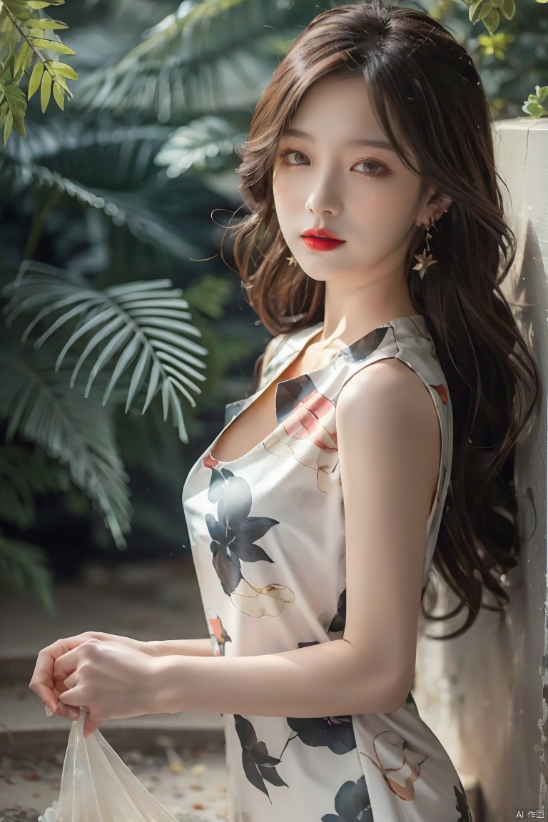  tyqp, 1girl, solo, jewelry, earrings, dress, long hair, blurry, floral print, blurry background, sleeveless, brown eyes, looking at viewer, red lips, brown hair, outdoors, black hair, arms at sides, sleeveless dress, breasts, china dress, chinese clothes, print dress, lips, white dress, upper body