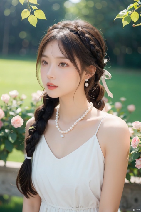  tm, 1girl, braid, twin braids, jewelry, solo, blurry background, branch, upper body, necklace, blurry, ribbon, long hair, hair ribbon, earrings, white ribbon, flower, brown hair, parted lips, dress, looking to the side, hair ornament, pearl necklace, black hair, bare shoulders, twintails, realistic, blue dress,moyou
