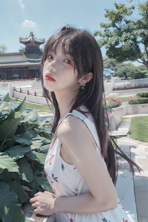  tyqp, 1girl, solo, jewelry, earrings, dress, long hair, blurry, floral print, blurry background, sleeveless, brown eyes, looking at viewer, red lips, brown hair, outdoors, black hair, arms at sides, sleeveless dress, breasts, china dress, chinese clothes, print dress, lips, white dress, upper body