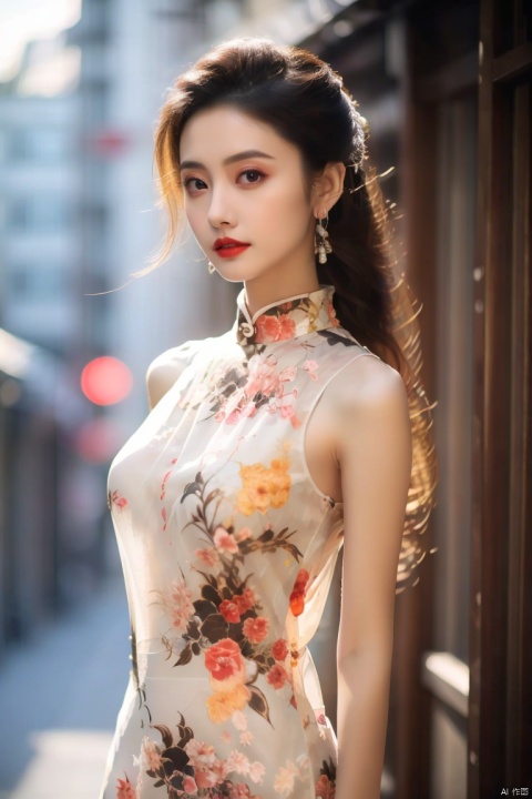  tyqp, 1girl, solo, jewelry, earrings, dress, long hair, blurry, floral print, blurry background, sleeveless, brown eyes, looking at viewer, red lips, brown hair, outdoors, black hair, arms at sides, sleeveless dress, breasts, china dress, chinese clothes, print dress, lips, white dress, upper body