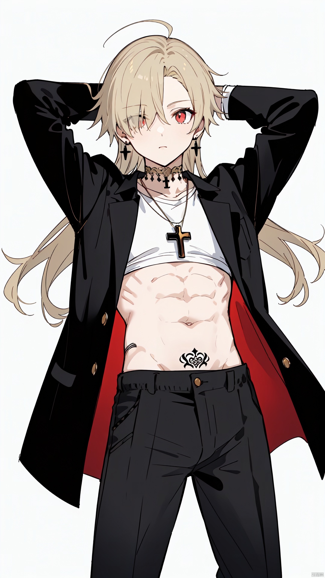  (score_9,score_8_up,score_7_up), uncensored, 1boy, goth male,solo, long hair, looking at viewer, Long blonde hair, long sleeves, jewelry, earrings, midriff, pants, necklace, hair over one eye, red eyes, arm up, tattoo, black pants, cross, arm behind head, Gothic, simple background