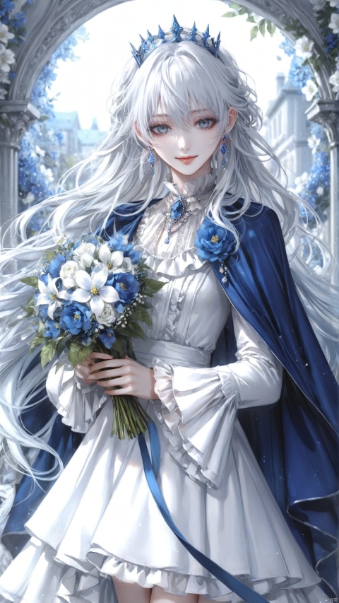  (masterpiece), (best quality), illustration, ultra detailed, hdr, Depth of field, (colorful),[pottsness],[iumu],[Sheya],Blue Archive Style, mika (blue archive),
, 1girl, solo, long hair, solo, flower, dress, jewelry, crown, bouquet, holding, holding bouquet, looking at viewer, white hair, wavy hair, smile, earrings, frills, blue cape, long sleeves, white dress, cape, blue flower, gem, very long hair, blurry, grey eyes, blurry background, white eyes, white flower, frilled sleeves, standing, cowboy shot, closed mouth