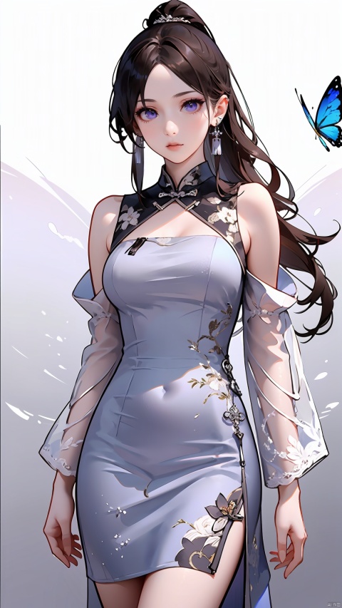  {{best quality}}, {{masterpiece}}, {{ultra-detailed}}, {illustration}, {detailed light}, {an extremely delicate and beautiful}, 
female, Mature face, solo, Detailed eyes, brown hair, hair up, Hair accessories, Purple eyes,
((cheongsam)), jewelry, earrings, detached sleeves,
standing, shank out of frame, flower, butterfly,
sigh, looking at viewer, ((toward viewer)),
white background,
 ,372089, bbj, jingxuan, wuqimitu,yjzs, tyqp, xianjing hanfu crane, xiaoyemao, zanhua, girl, Chinese cheongsam,zlqs, ((poakl))