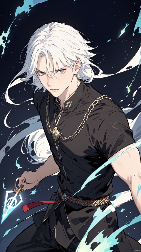 Solo, masterpiece, highest quality, highest resolution, good composition, 1 male, long white hair flowing, angry eyes, three-dimensional handsome facial features, Hong Kong comic style, clenched fists, controlling a black glowing magic dragon, the aura of dragon magic surrounds his arms, hand in eye