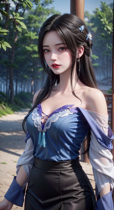(((1 girl))), (medium breasts:), ((upper body:0.7)), half body photo, female solo, depth of field, blue earrings, blue jewelry, off-shoulder white shirt, black tight skirt, (at beach), blonde hair, photorealistic:1.3, realistic), highly detailed CG unified 8K wallpapers, (((straight from front))),shiny skin), 8k uhd, dslr, soft lighting, high quality, film grain, Fujifilm XT3, (professional lighting), nangongwan, red lips,