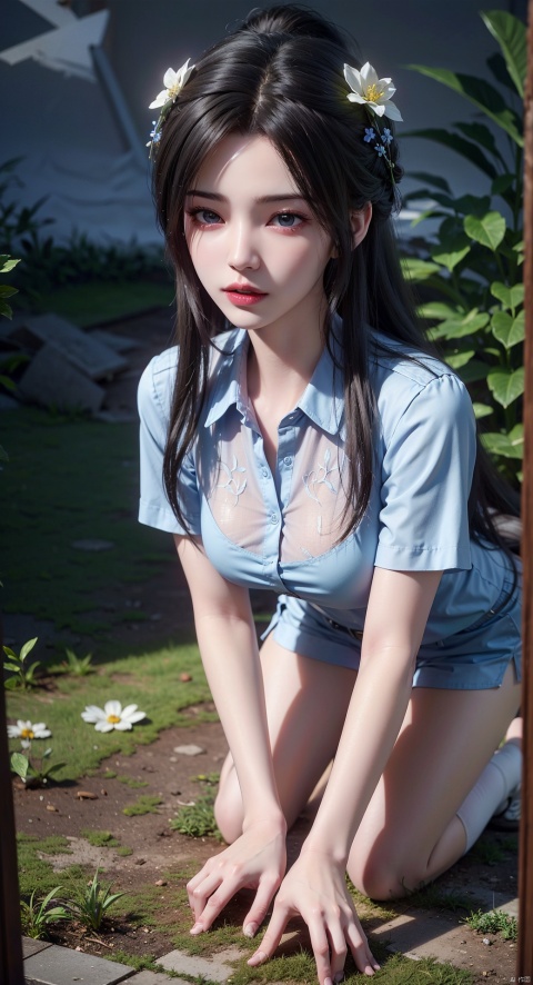 1girl, solo, long hair, breasts, looking at viewer, blue eyes, shirt, hair ornament, very long hair, blue hair, white shirt, flower, short sleeves, parted lips, shoes, shorts, socks, collared shirt, water, short shorts, night, all fours, sona \(league of legends\), looking at viewe, girl, colors,(Skin glowing:1.5), , xulingxi