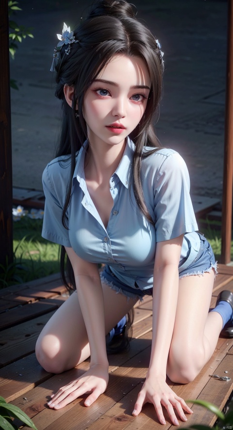 1girl, solo, long hair, breasts, looking at viewer, blue eyes, shirt, hair ornament, very long hair, blue hair, white shirt, flower, short sleeves, parted lips, shoes, shorts, socks, collared shirt, water, short shorts, night, all fours, sona \(league of legends\), looking at viewe, girl, colors,(Skin glowing:1.5), , xulingxi