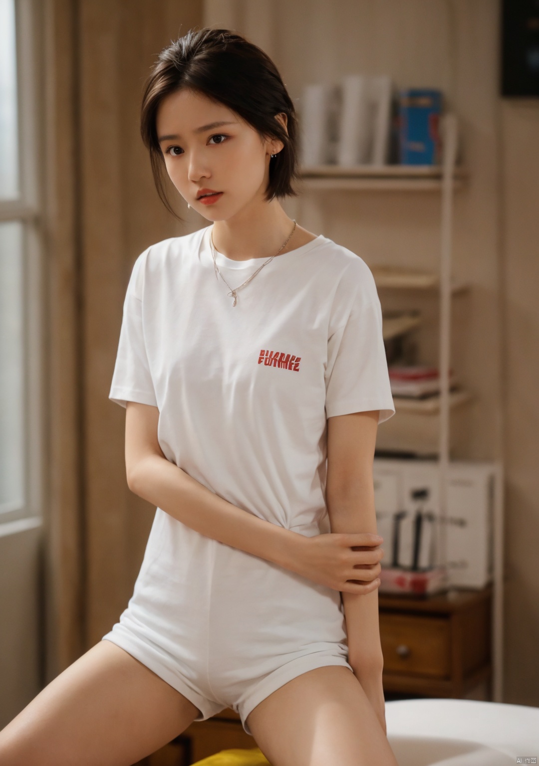  A 18 years old woman is wearing a white tight T-shirt and white tight shorts,dancing in the bedroom,RAW photo,bokeh, photorealistic, highly detailed CG unified 8K wallpapers, 1girl, (thin body:0.8), (HQ skin:1.4), dslr, soft lighting, high quality, film grain, Fujifilm XT3,short hair,necklace, earrings,hourglass type,perfect body proportions,(dynamic pose:0.8),perfectcrotch,((poakl)),chengguo