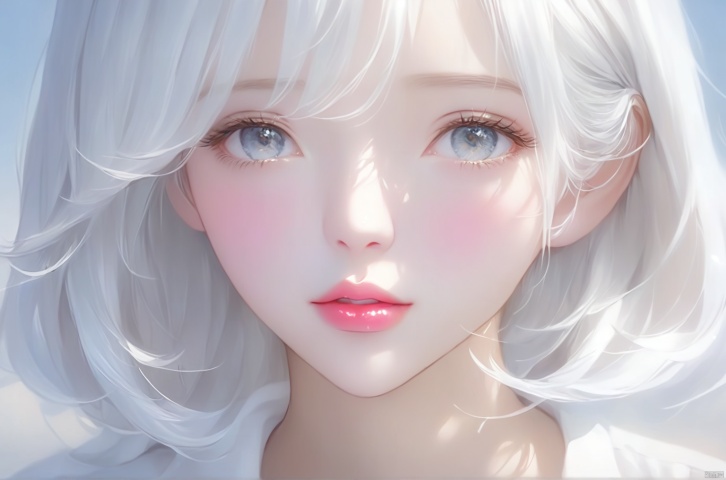 1girl, lips, realistic, solo,Silver white hair, white shirt, slightly rosy face,eyes,eye