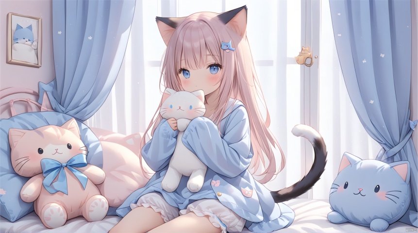  1girl, animal ears, bloomers, blue eyes, blush, cat ears, cat girl, cat tail, curtains, hair ornament, long hair, pillow, sleeves past wrists, stuffed animal, stuffed cat, stuffed toy, tail, underwear