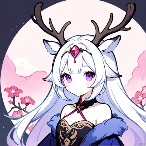  1girl,She has snow-white skin, long silver white hair, and deep purple eyes. Her head was adorned with pink flowers and a pair of blue deer antlers. The background is a light pink tone,A cartoon style illustration in ink painting style