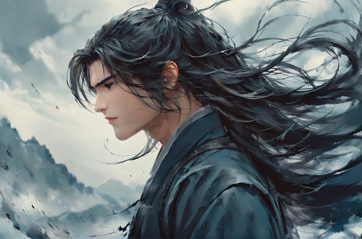 1boy,A character with long hair. The character's gaze is firm, as if facing some kind of challenge or conflict. His hair fluttered in the wind, giving people a sense of movement and vitality. The overall color tone is cooler, combined with the blurry effect of the background, adding a mysterious and tense atmosphere to the picture,
Black and white ink style