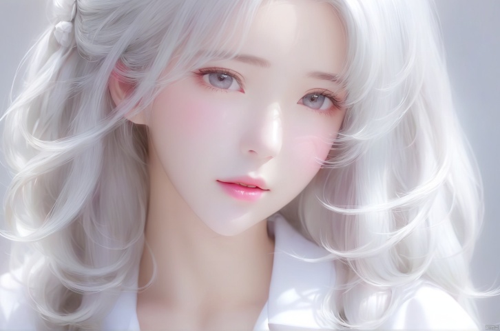 1girl, lips, realistic, solo,Silver white hair, white shirt, slightly rosy face,eyes,eye, 1 girl, 1girl, girl, A girl