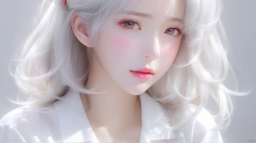 1girl, lips, realistic, solo,Silver white hair, white shirt, slightly rosy face