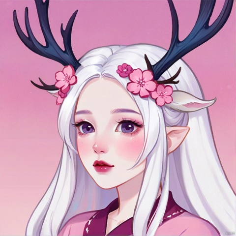  1girl,She has snow-white skin, long silver white hair, and deep purple eyes. Her head was adorned with pink flowers and a pair of blue deer antlers. The background is a light pink tone,A cartoon style illustration in ink painting style
