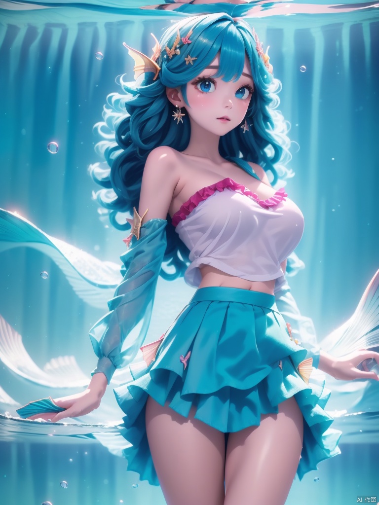  (1girl),smooth chin,masterpiece,detailed face,((hair ornament)),top quality,4k,make up,best quality,alone,single,solo,only one,one character,blush,(body blush),(detached sleeves),earrings,(blue hair),under water,(head fins),long hair,(from below),ocean,(puffy hair:1.13),head wings,frilled skirt,frilled clothes,model,looking at viewer,Cute Women,frilled shirt,bubble skirt,green skirt,full body,(detached shirt),bandeau,blue skirt,Masterpiece, the best quality,(The best hand)