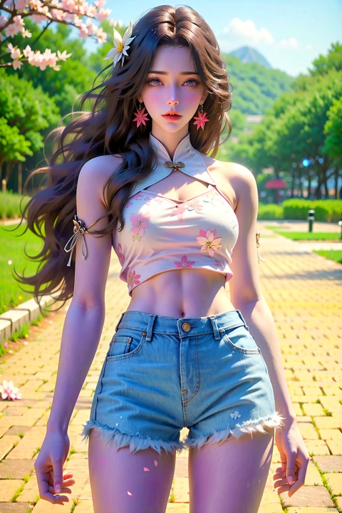  1girl, bare_shoulders, blue_shorts, brown_eyes, brown_hair, cherry_blossoms, cowboy_shot, crop_top, daisy, denim, denim_shorts, earrings, floral_background, floral_print, flower, jewelry, lily_\(flower\), lips, long_hair, looking_at_viewer, lotus, midriff, navel, pink_flower, realistic, short_shorts, shorts, solo, standing, white_flower,breasts