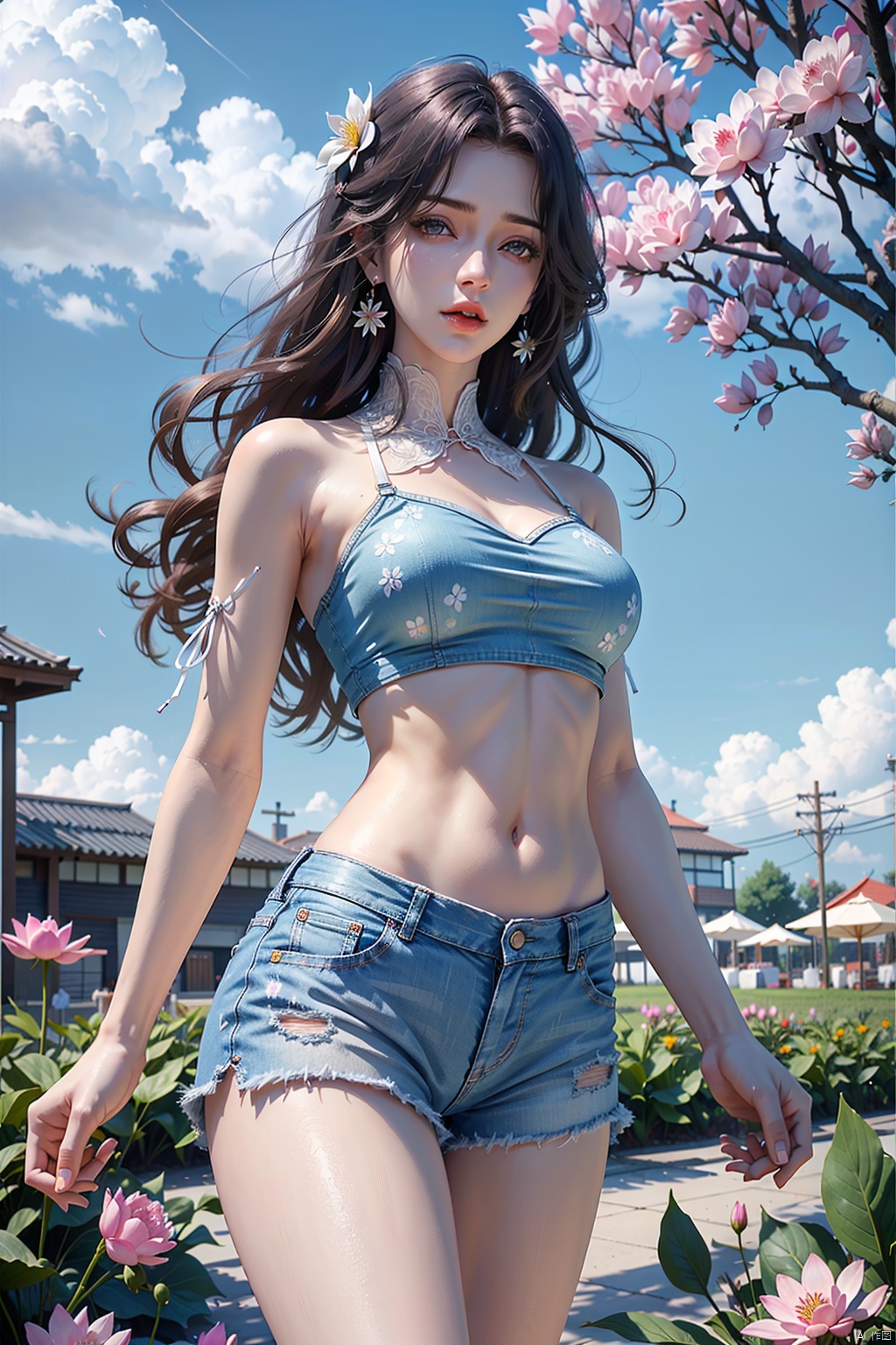  1girl, bare_shoulders, blue_shorts, brown_eyes, brown_hair, cherry_blossoms, cowboy_shot, crop_top, daisy, denim, denim_shorts, earrings, floral_background, floral_print, flower, jewelry, lily_\(flower\), lips, long_hair, looking_at_viewer, lotus, midriff, navel, pink_flower, realistic, short_shorts, shorts, solo, standing, white_flower,breasts