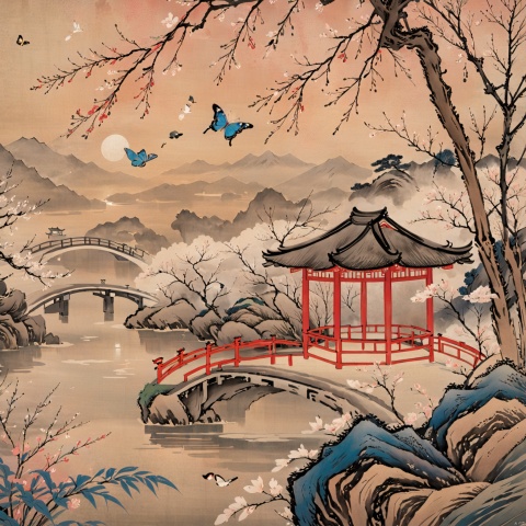  Detailed ukiyo-e of a butterfly garden, Cherry blossom,epiclight,Ukiyo-e,colorful,Illustration,月上枝头