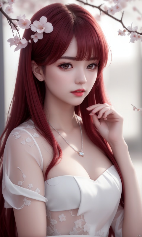 vampire, best quality, masterpiece, cherry blossoms, 1girl, china dress, red hair, hair ornament, necklace, jewelry, Beautiful face, full_body, tyndall effect, photorealistic, rim lighting, two tone lighting, (high detailed skin:1.2), 8k uhd, dslr, soft lighting, high quality, volumetric lighting, candid, Photograph, high resolution, 4k, 8k, Bokeh