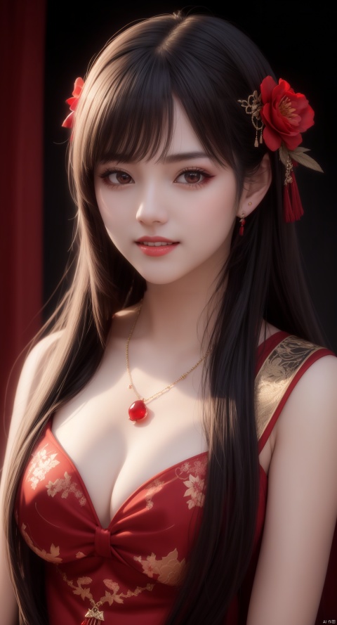 best quality, masterpiece, vampire, fully covered red and black cloths, visible vampire teeth, cherry blossoms, 1girl, china dress, hair ornament, necklace, jewelry, Beautiful face, tyndall effect, photorealistic, dark studio, rim lighting, two tone lighting, (high detailed skin:1.2), 8k uhd, dslr, soft lighting, high quality, volumetric lighting, candid, Photograph, high resolution, 4k, 8k, Bokeh