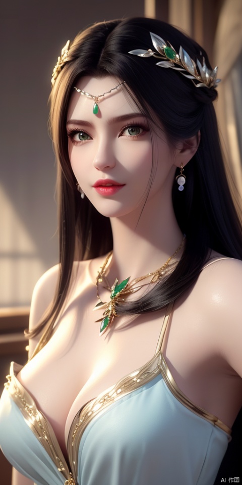  ultra realistic 8k cg, picture-perfect face, flawless, clean, masterpiece, professional artwork, famous artwork, cinematic lighting, cinematic bloom, perfect face, beautiful face, beautiful eyes, fantasy, dreamlike, unreal, science fiction, huge breasts, beautiful clothes, absurdly long hair, very long hair, (rich:1.4), prestige, luxury, jewelry, diamond, gold, pearl, gem, sapphire, ruby, emerald, intricate detail, delicate pattern, charming, alluring, seductive, erotic, enchanting, hair ornament, necklace, earrings, bracelet, armlet,((1girl, skin_color_dress))