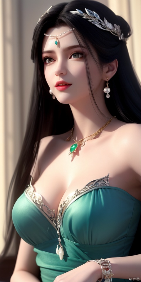  ultra realistic 8k cg, picture-perfect face, flawless, clean, masterpiece, professional artwork, famous artwork, cinematic lighting, cinematic bloom, perfect face, beautiful face, beautiful eyes, fantasy, dreamlike, unreal, science fiction, huge breasts, beautiful clothes, absurdly long hair, very long hair, (rich:1.4), prestige, luxury, jewelry, diamond, gold, pearl, gem, sapphire, ruby, emerald, intricate detail, delicate pattern, charming, alluring, seductive, erotic, enchanting, hair ornament, necklace, earrings, bracelet, armlet,((1girl, skin_color_dress))