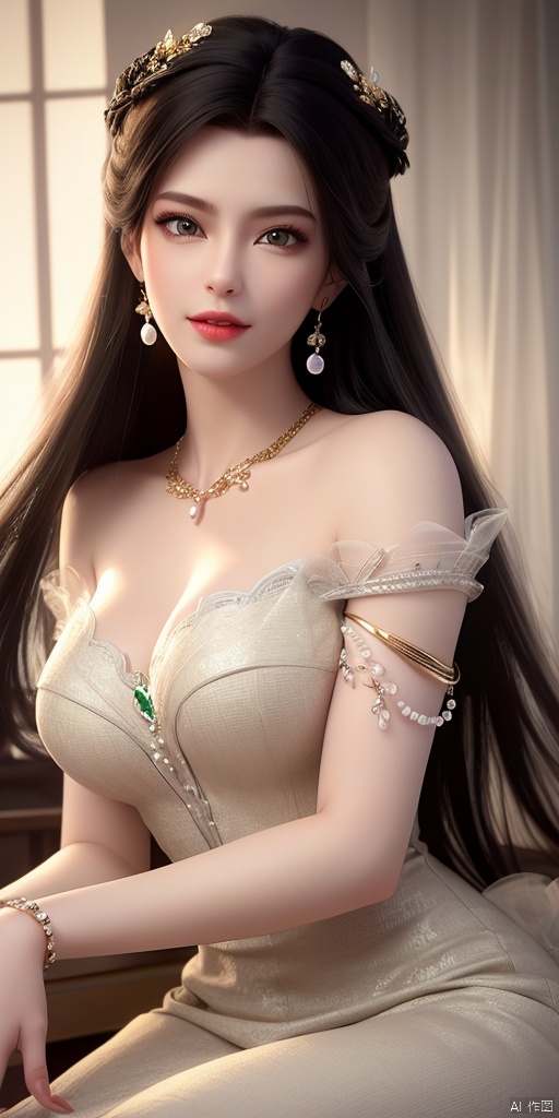  ultra realistic 8k cg, picture-perfect face, flawless, clean, masterpiece, professional artwork, famous artwork, cinematic lighting, cinematic bloom, perfect face, beautiful face, beautiful eyes, fantasy, dreamlike, unreal, science fiction, huge breasts, beautiful clothes, absurdly long hair, very long hair, (rich:1.4), prestige, luxury, jewelry, diamond, gold, pearl, gem, sapphire, ruby, emerald, intricate detail, delicate pattern, charming, alluring, seductive, erotic, enchanting, hair ornament, necklace, earrings, bracelet, armlet,((1girl, light_beige_dress))