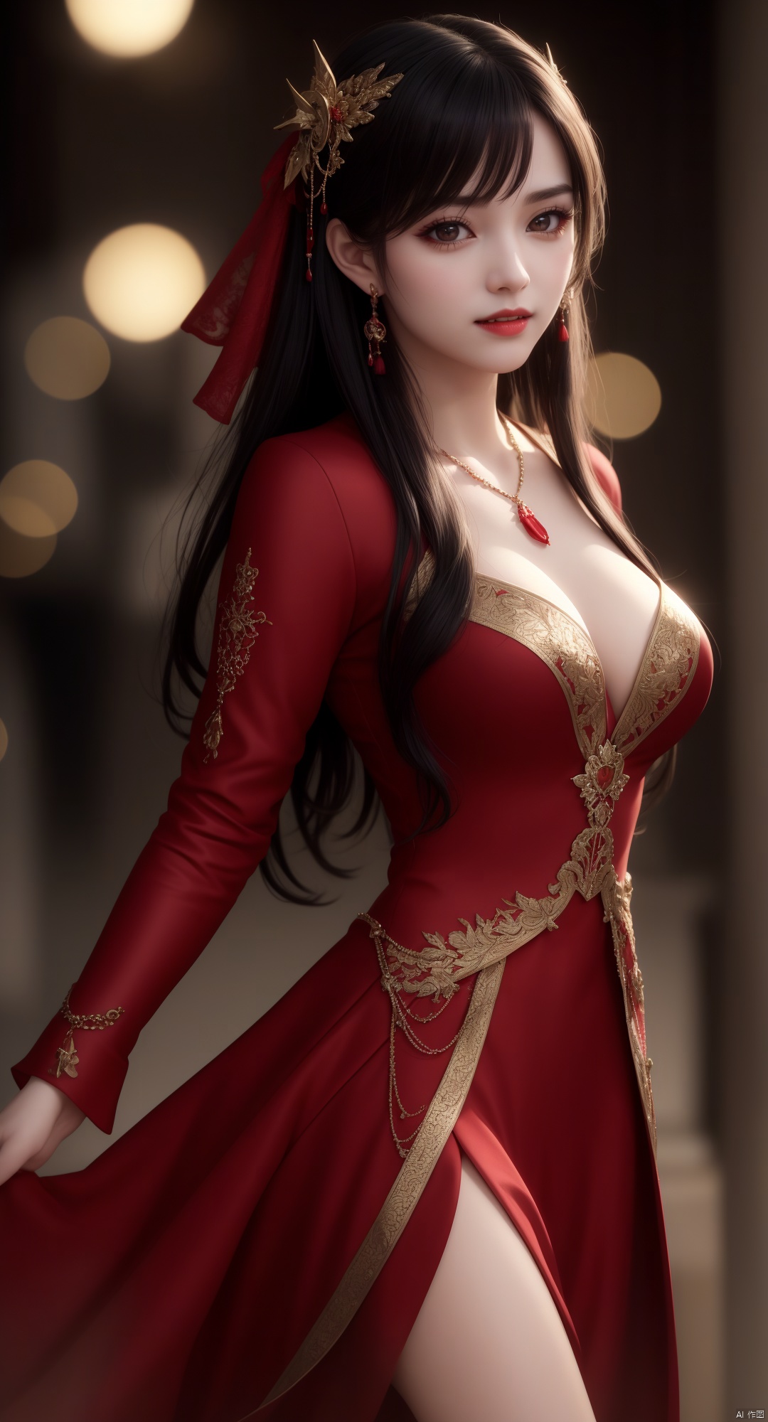 best quality, masterpiece, vampire, fully covered red and black cloths, visible vampire teeth, highres, 1girl, china dress, hair ornament, necklace, jewelry, Beautiful face, upon_body, tyndall effect, photorealistic, dark studio, rim lighting, two tone lighting, (high detailed skin:1.2), 8k uhd, dslr, soft lighting, high quality, volumetric lighting, candid, Photograph, high resolution, 4k, 8k, Bokeh