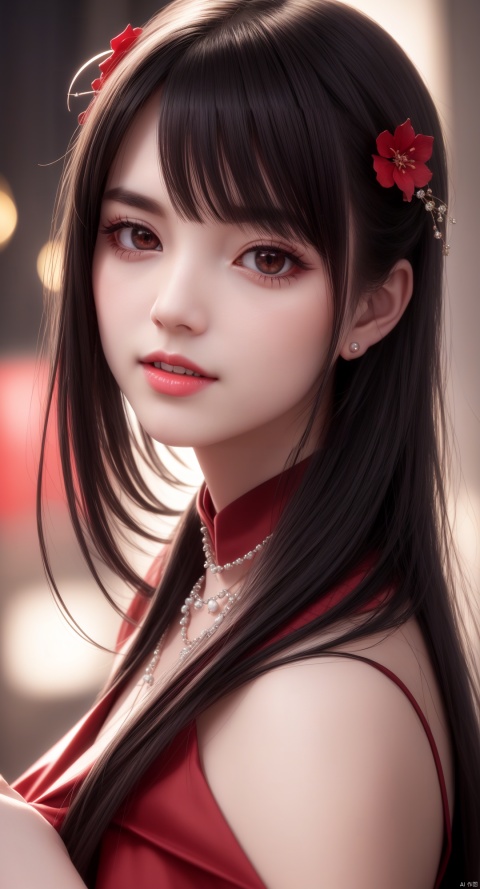 best quality, masterpiece, vampire, fully covered red and black cloths, visible vampire teeth, cherry blossoms, 1girl, china dress, hair ornament, necklace, jewelry, Beautiful face, tyndall effect, photorealistic, rim lighting, two tone lighting, (high detailed skin:1.2), 8k uhd, dslr, soft lighting, high quality, volumetric lighting, candid, Photograph, high resolution, 4k, 8k, Bokeh