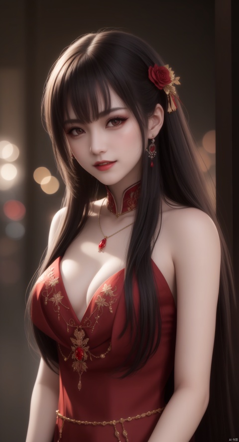  best quality, masterpiece, vampire, fully covered red and black cloths, visible vampire teeth, highres, 1girl, china dress, hair ornament, necklace, jewelry, Beautiful face, tyndall effect, photorealistic, dark studio, rim lighting, two tone lighting, (high detailed skin:1.2), 8k uhd, dslr, soft lighting, high quality, volumetric lighting, candid, Photograph, high resolution, 4k, 8k, Bokeh