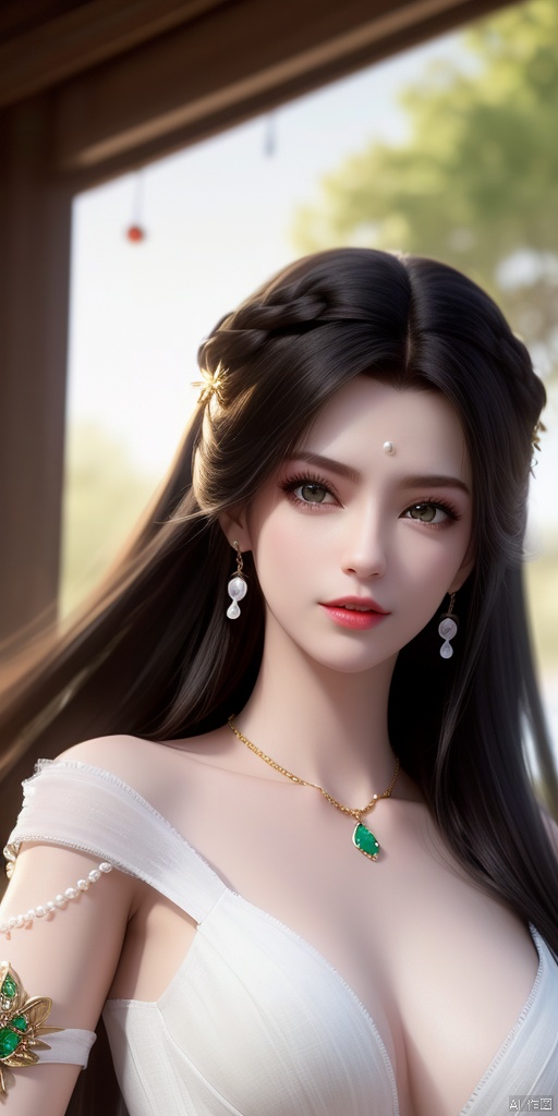  ultra realistic 8k cg, picture-perfect face, flawless, clean, masterpiece, professional artwork, famous artwork, cinematic lighting, cinematic bloom, perfect face, beautiful face, beautiful eyes, fantasy, dreamlike, unreal, science fiction, huge breasts, beautiful clothes, absurdly long hair, very long hair, (rich:1.4), prestige, luxury, jewelry, diamond, gold, pearl, gem, sapphire, ruby, emerald, intricate detail, delicate pattern, charming, alluring, seductive, erotic, enchanting, hair ornament, necklace, earrings, bracelet, armlet,((1girl, off-white_dress))