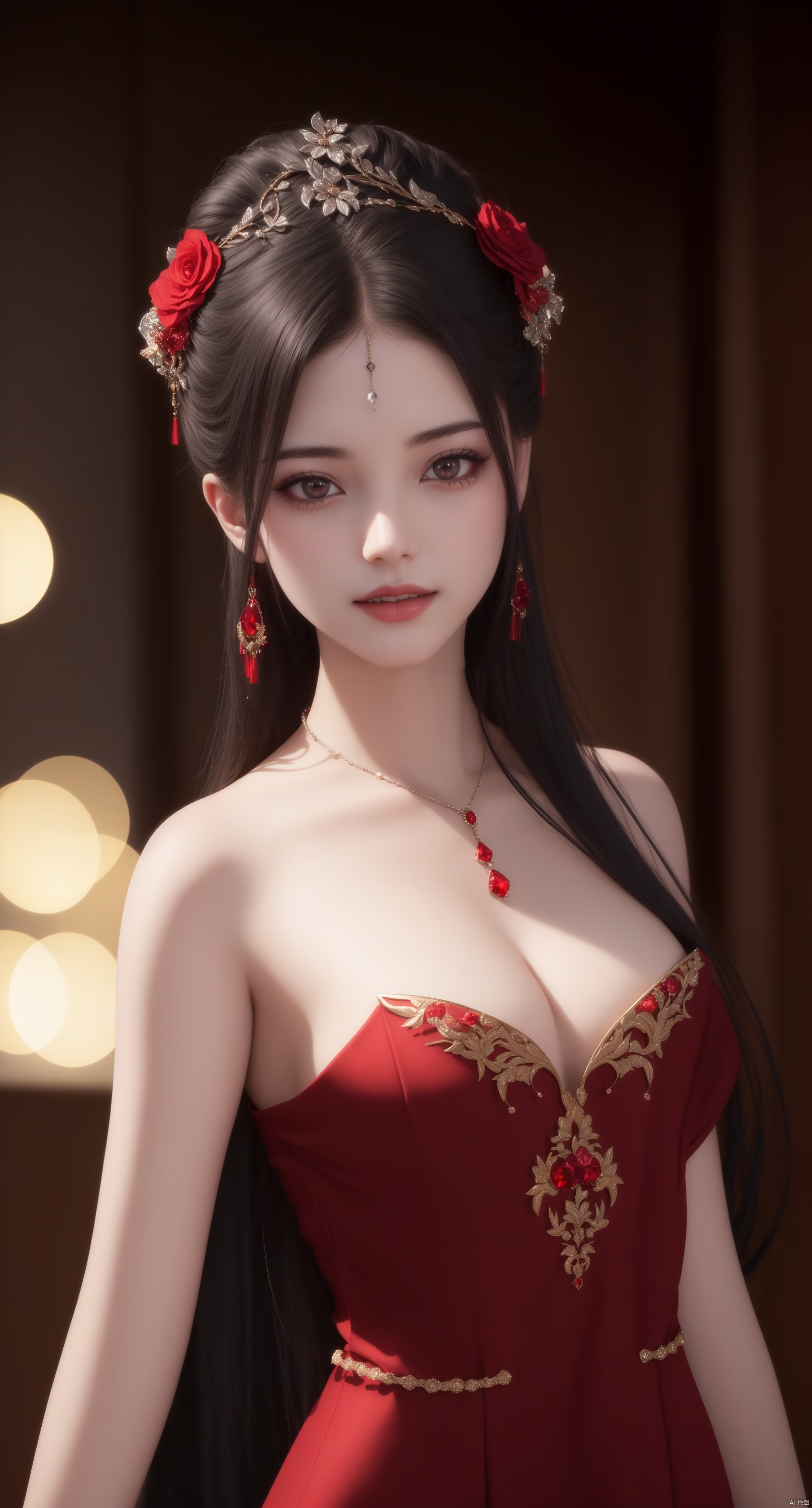  best quality, masterpiece, vampire, fully covered red and black cloths, visible vampire teeth, highres, 1girl, china dress, hair ornament, necklace, jewelry, Beautiful face, upon_body, tyndall effect, photorealistic, dark studio, rim lighting, two tone lighting, (high detailed skin:1.2), 8k uhd, dslr, soft lighting, high quality, volumetric lighting, candid, Photograph, high resolution, 4k, 8k, Bokeh