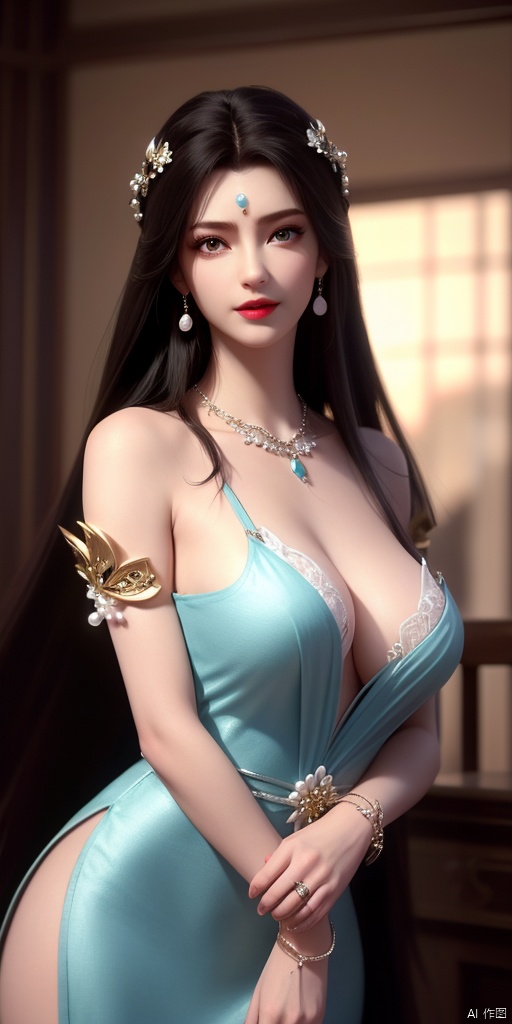  ultra realistic 8k cg, picture-perfect face, flawless, clean, masterpiece, professional artwork, famous artwork, cinematic lighting, cinematic bloom, perfect face, beautiful face, beautiful eyes, fantasy, dreamlike, unreal, science fiction, huge breasts, beautiful clothes, absurdly long hair, very long hair, (rich:1.4), prestige, luxury, jewelry, diamond, gold, pearl, gem, sapphire, ruby, emerald, intricate detail, delicate pattern, charming, alluring, seductive, erotic, enchanting, hair ornament, necklace, earrings, bracelet, armlet,((1girl, skinned_dress))