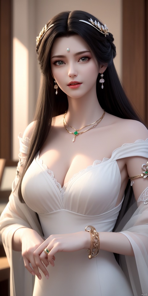  ultra realistic 8k cg, picture-perfect face, flawless, clean, masterpiece, professional artwork, famous artwork, cinematic lighting, cinematic bloom, perfect face, beautiful face, beautiful eyes, fantasy, dreamlike, unreal, science fiction, huge breasts, beautiful clothes, absurdly long hair, very long hair, (rich:1.4), prestige, luxury, jewelry, diamond, gold, pearl, gem, sapphire, ruby, emerald, intricate detail, delicate pattern, charming, alluring, seductive, erotic, enchanting, hair ornament, necklace, earrings, bracelet, armlet,((1girl, Warm white dress))