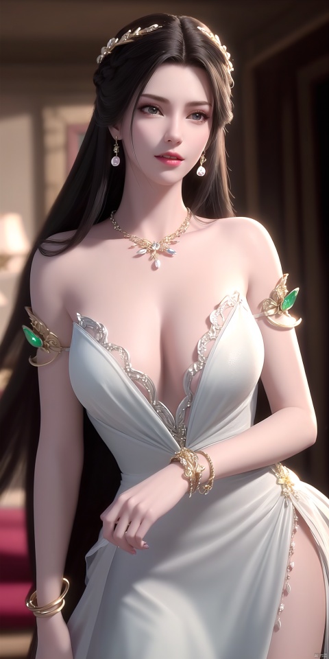  ultra realistic 8k cg, picture-perfect face, flawless, clean, masterpiece, professional artwork, famous artwork, cinematic lighting, cinematic bloom, perfect face, beautiful face, beautiful eyes, fantasy, dreamlike, unreal, science fiction, huge breasts, beautiful clothes, absurdly long hair, very long hair, (rich:1.4), prestige, luxury, jewelry, diamond, gold, pearl, gem, sapphire, ruby, emerald, intricate detail, delicate pattern, charming, alluring, seductive, erotic, enchanting, hair ornament, necklace, earrings, bracelet, armlet,((1girl, light_skinned_dress))