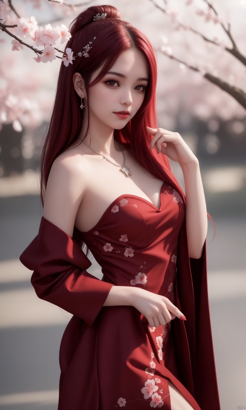 vampire, best quality, masterpiece, cherry blossoms, 1girl, china dress, red hair, hair ornament, necklace, jewelry, Beautiful face, full_body, tyndall effect, photorealistic, rim lighting, two tone lighting, (high detailed skin:1.2), 8k uhd, dslr, soft lighting, high quality, volumetric lighting, candid, Photograph, high resolution, 4k, 8k, Bokeh