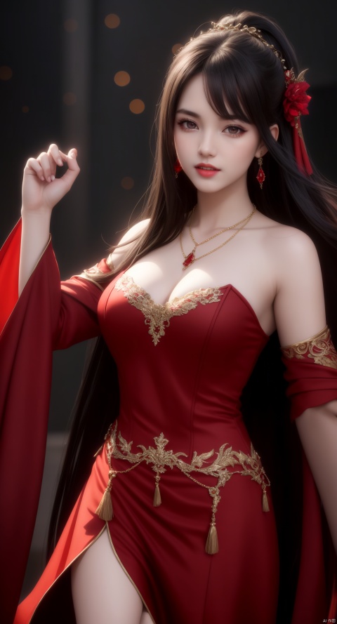 best quality, masterpiece, vampire, fully covered red and black cloths, visible vampire teeth, highres, 1girl, china dress, hair ornament, necklace, jewelry, Beautiful face, tyndall effect, photorealistic, dark studio, rim lighting, two tone lighting, (high detailed skin:1.2), 8k uhd, dslr, soft lighting, high quality, volumetric lighting, candid, Photograph, high resolution, 4k, 8k, Bokeh