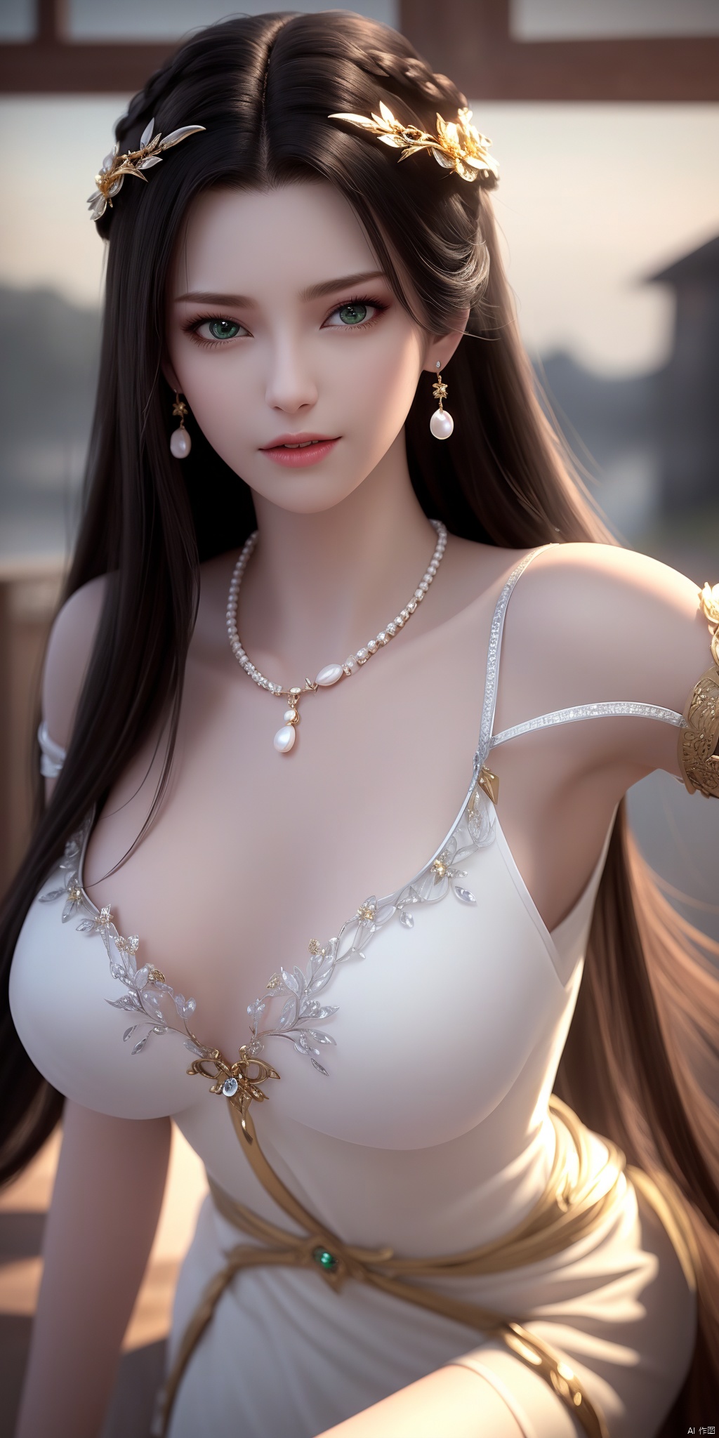  ultra realistic 8k cg, picture-perfect face, flawless, clean, masterpiece, professional artwork, famous artwork, cinematic lighting, cinematic bloom, perfect face, beautiful face, beautiful eyes, fantasy, dreamlike, unreal, science fiction, huge breasts, beautiful clothes, absurdly long hair, very long hair, (rich:1.4), prestige, luxury, jewelry, diamond, gold, pearl, gem, sapphire, ruby, emerald, intricate detail, delicate pattern, charming, alluring, seductive, erotic, enchanting, hair ornament, necklace, earrings, bracelet, armlet,((1girl, light_skinned_dress))