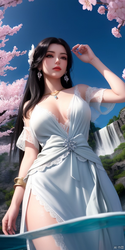 ultra realistic 8k cg, picture-perfect face, flawless, clean, masterpiece, professional artwork, famous artwork, cinematic lighting, cinematic bloom, perfect face, beautiful face, fantasy, dreamlike, unreal, science fiction, beautiful clothes, lace, lace trim, lace-trimmed legwear, (rich:1.4), prestige, luxury, jewelry, diamond, gold, pearl, gem, sapphire, ruby, emerald, intricate detail, delicate pattern, charming, alluring, seductive, erotic, enchanting, hair ornament, necklace, earrings, bracelet, armlet, halo((1girl, pov, large breasts)),underwater cowboy extra long shot(from below:1.4),((the waterfall of rich sky, cliff, nature, lake, river, 1girl half submerged in water, cloudy sky, cherry_blossoms, long_hair, solo, petals, black_hair, warm_white_clothing, flower, tree))