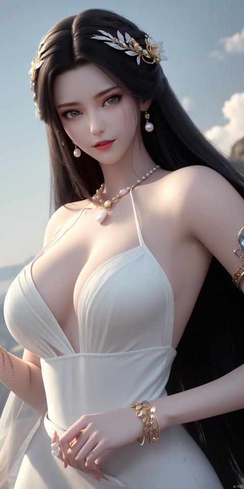  ultra realistic 8k cg, picture-perfect face, flawless, clean, masterpiece, professional artwork, famous artwork, cinematic lighting, cinematic bloom, perfect face, beautiful face, beautiful eyes, fantasy, dreamlike, unreal, science fiction, huge breasts, beautiful clothes, absurdly long hair, very long hair, (rich:1.4), prestige, luxury, jewelry, diamond, gold, pearl, gem, sapphire, ruby, emerald, intricate detail, delicate pattern, charming, alluring, seductive, erotic, enchanting, hair ornament, necklace, earrings, bracelet, armlet,((1girl, pearl_white_dress))